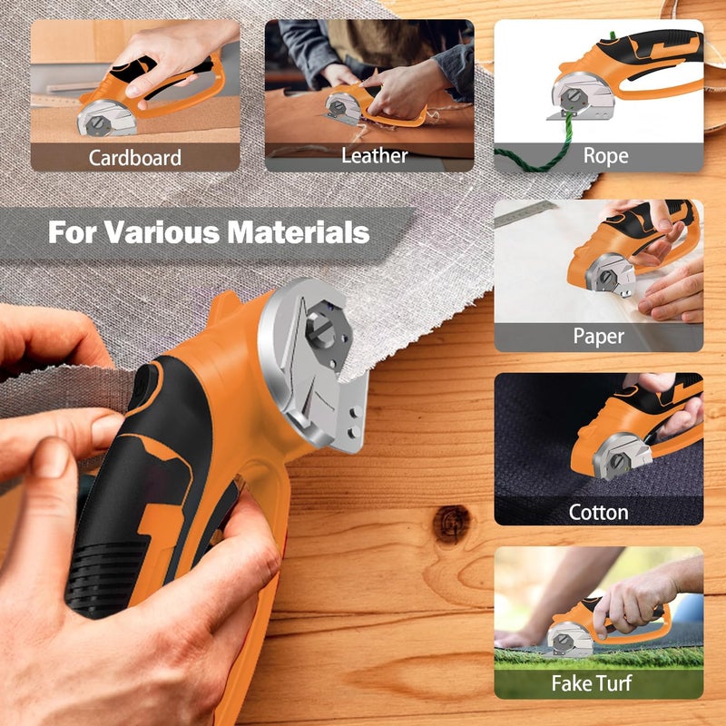 Pratuor Cordless Electric Scissors, 4V Box Cutter & Cardboard Cutter with 2 Titanium Blades - Rotary Cutter with LED Light for Fabric, Leather, Carpet, Plastic, Crafting + Storage Case (Orange) - Image 3
